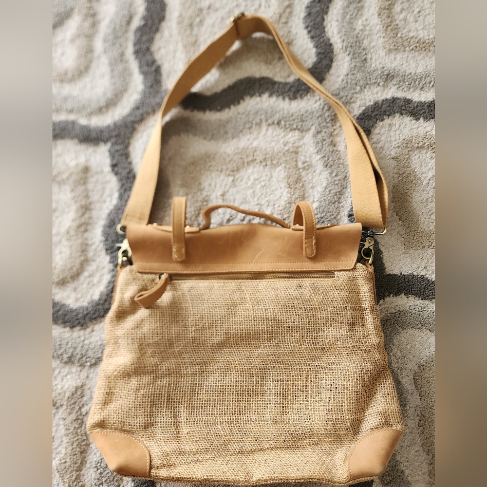 Anthropology Jesslyn Blake tan burlap canvas sparkle leather crossbody bag - Picture 7 of 9